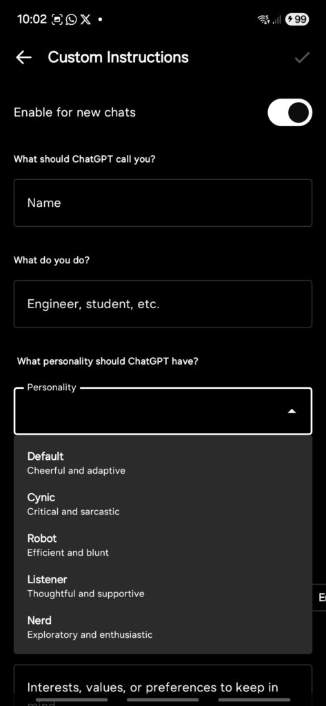 ChatGPT App Update: GPT-5 for Free, Adds Personalities, App Accent Color, Custom Instruction, and Disable Features 4 ChatGPT mobile app personality type custom instructions