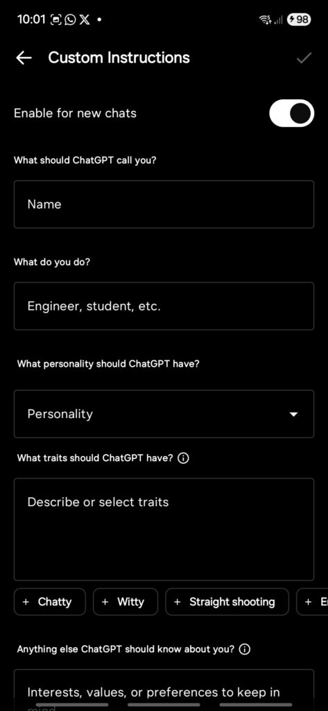 ChatGPT App Update: GPT-5 for Free, Adds Personalities, App Accent Color, Custom Instruction, and Disable Features 3 ChatGPT mobile app custom instructions